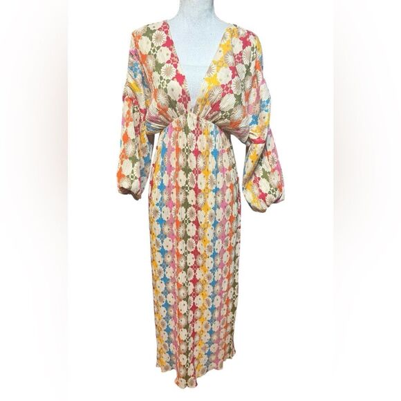 Commense Women's XS Multicolor Jacquard Print V-Neck Long Sleeve Dress - Picture 2 of 6